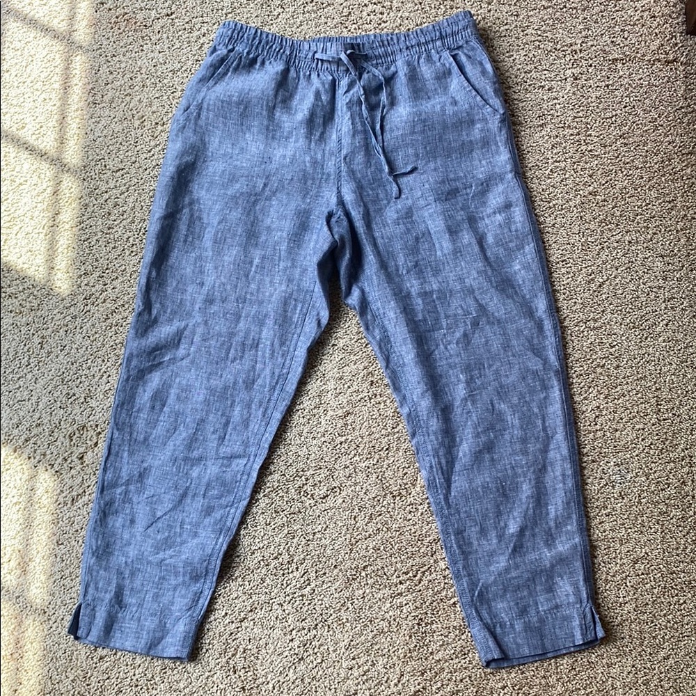 L.L. Bean Linen Pull On Ankle Pants Size 10 Blue Mid Rise Tapered Leg